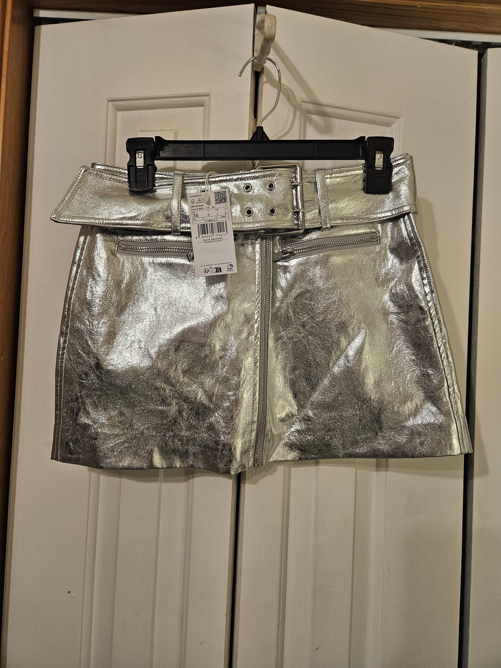 NWT MNG Mango Silver Metallic Faux Leather Belted Mini Skirt Size 4